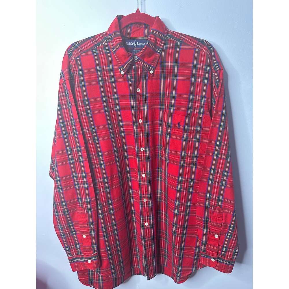 Ralph Lauren Big Shirt Mens Medium Red Plaid Cotton Button Down Long Sleeve Pony